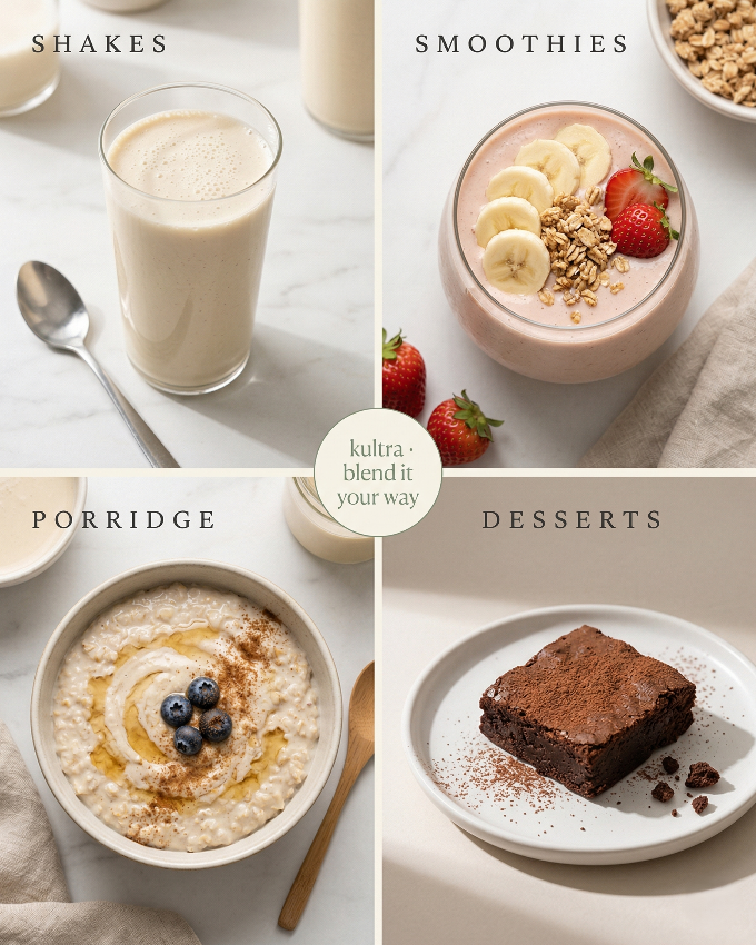A four-panel breakfast and dessert collage with the text labels 'SHAKES', 'SMOOTHIES', 'PORridge', and 'DESSERTS'. The panels show prepared drinks and foods on a light marble-like surface: a frothy milkshake in a glass, a smoothie bowl topped with banana and strawberry, a bowl of porridge with blueberries and honey, and a brownie on a plate.