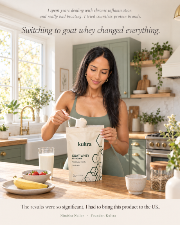Founder holding Kultra goat whey protein powder