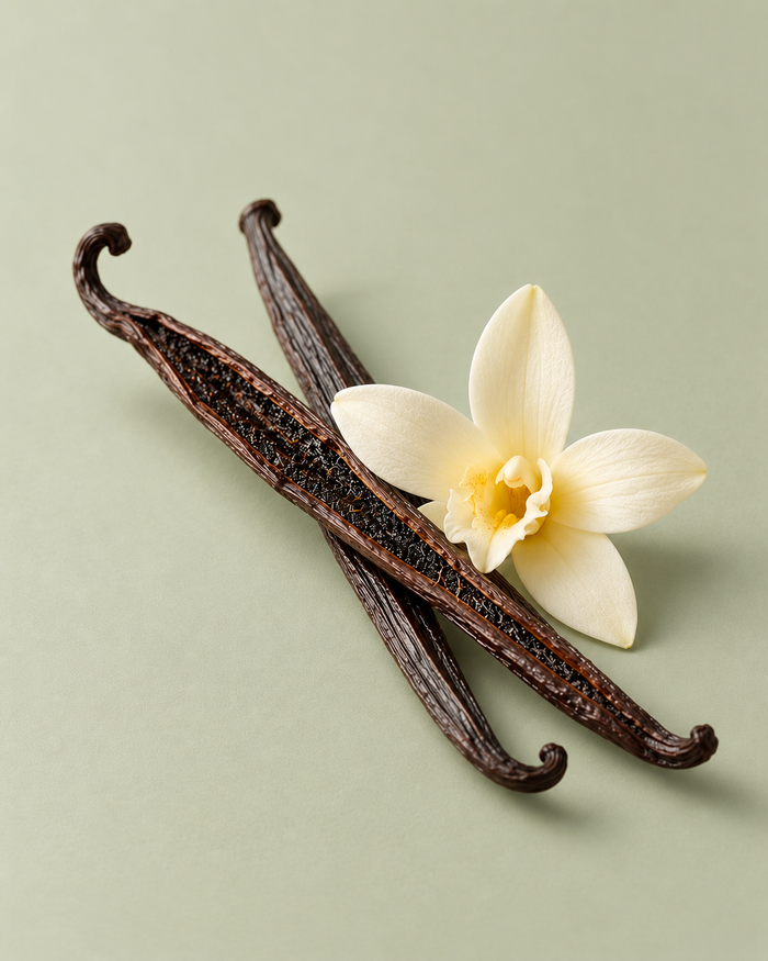 Two vanilla beans with a vanilla orchid flower