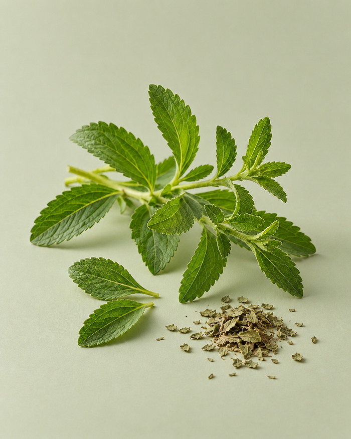 A fresh sprig of stevia leaves with crushed dried stevia